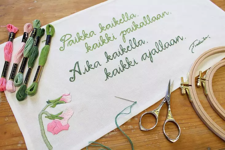 Kirjontatyö Fredrika-huoneentaulu 54 x 30 cm, roosa - Kirjontapaketit - 1409017 - 1